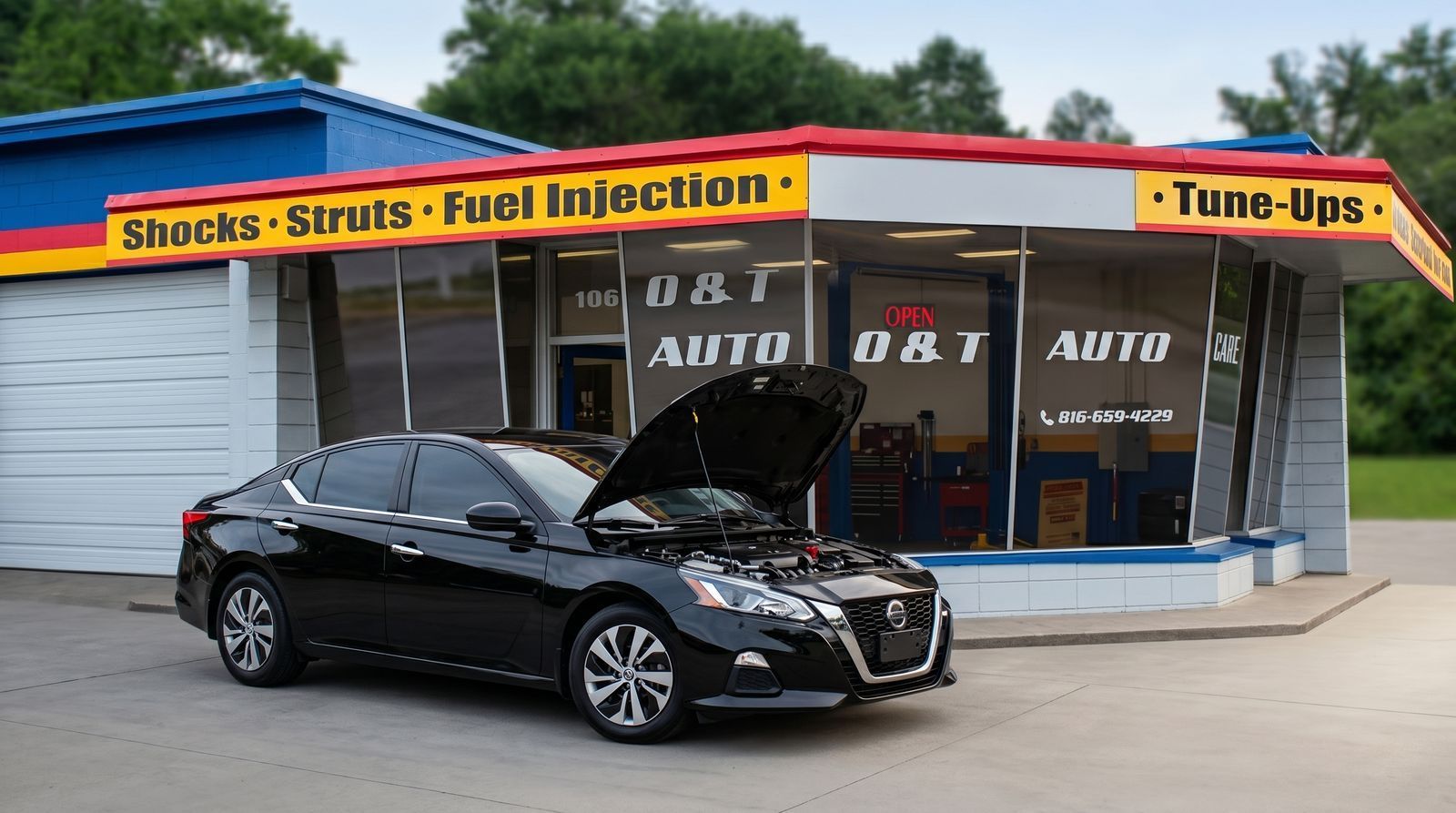 O & T Auto Care service bay with vehicle lift — Kansas City, MO
